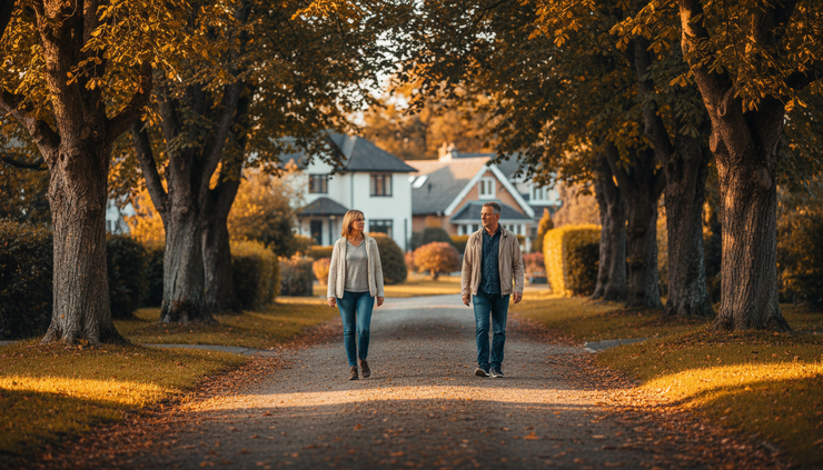 Wide-angle view of two people walking on a quiet neighborhood path with space between them.