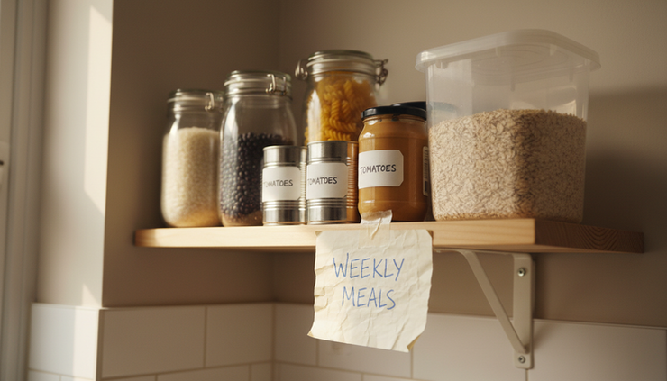 Eye-level view of pantry shelves with simple groceries and handwritten meal notes.