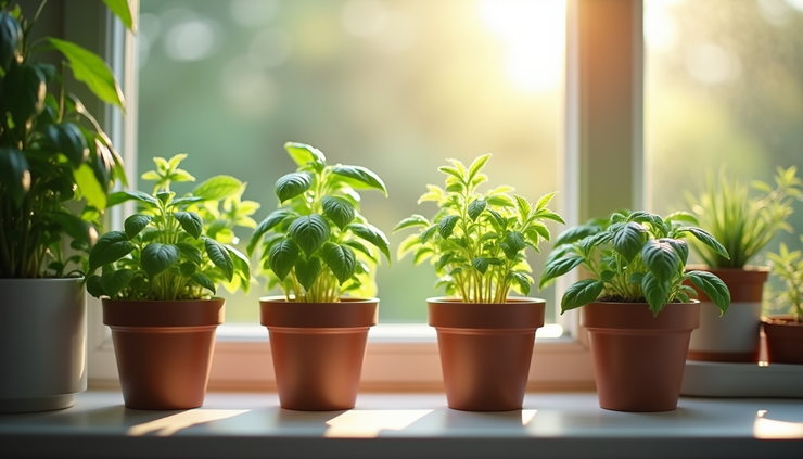 Close-up view of a small indoor herb garden on a sunny windowsill
