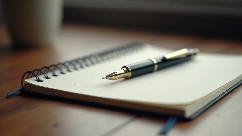Close-up view of a journal and pen on a wooden desk