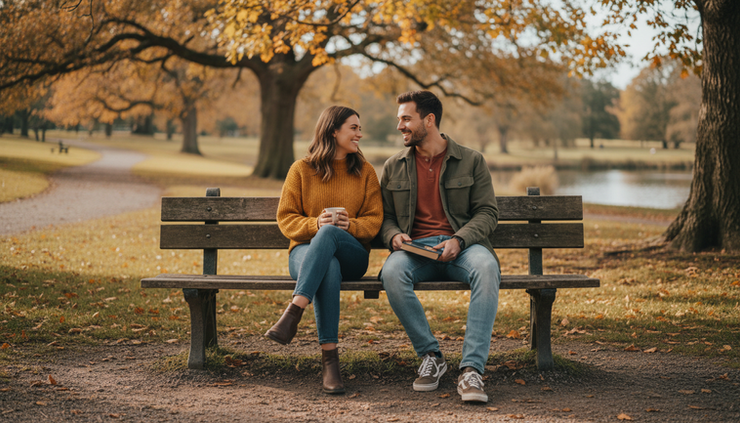 Medium shot view of two friends sitting on a bench with relaxed body language