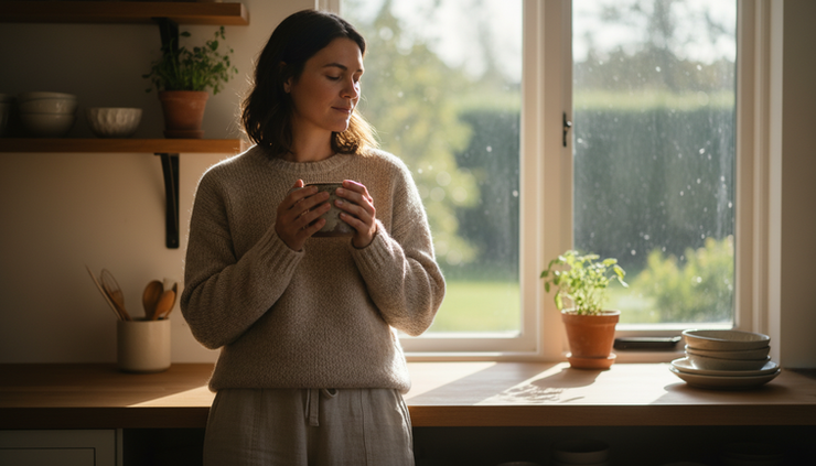 Eye-level view of a person holding a warm mug beside a sunlit window.