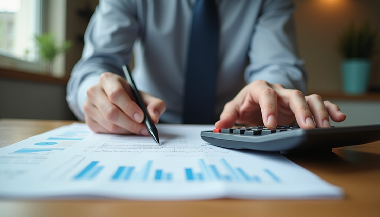 Eye-level view of a person reviewing financial documents with a calculator on a wooden desk