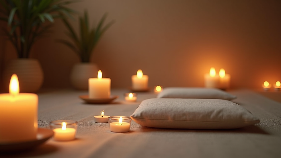 Eye-level view of a peaceful meditation space with candles and cushions