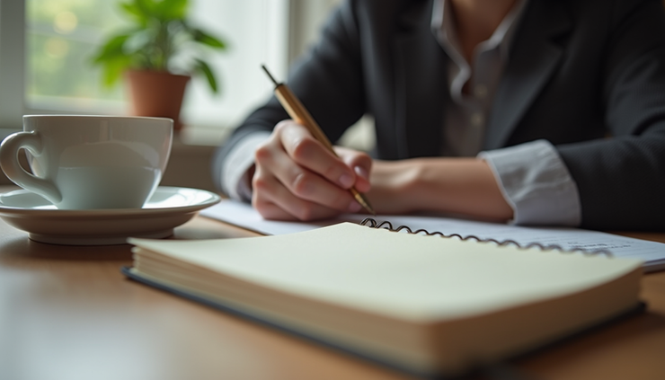 Close-up of a person writing in a journal with a cup of tea nearby