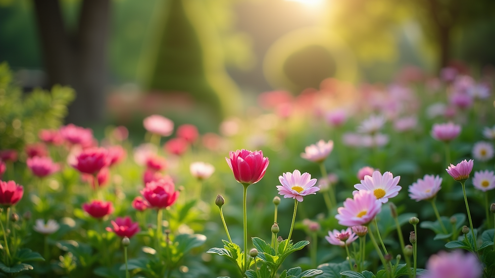 Wide angle view of a peaceful garden with blooming flowers