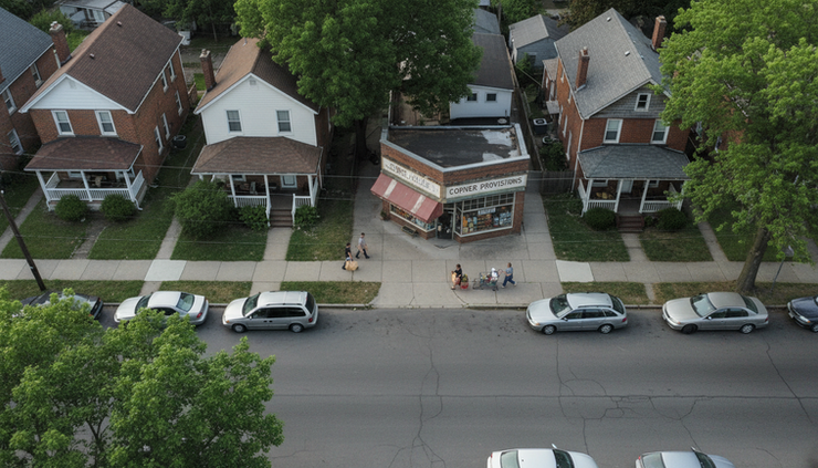 Overhead view of a neighborhood street with homes, a small grocery storefront, and people carrying shopping bags.
