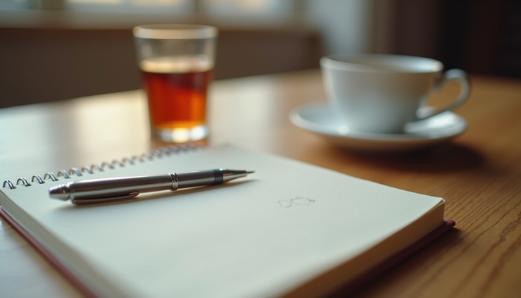Close-up view of a journal with a pen and a cup of tea on a wooden table
