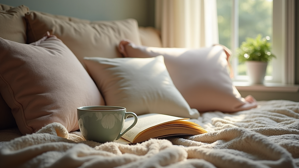 Close-up view of a cozy reading nook with soft pillows and a cup of tea