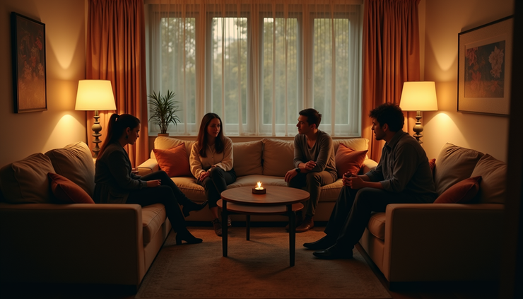 High angle view of a small group gathered in a cozy living room, sharing stories