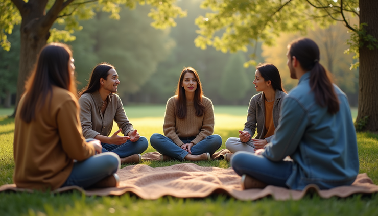 Eye-level view of a small group sitting in a circle outdoors, sharing stories