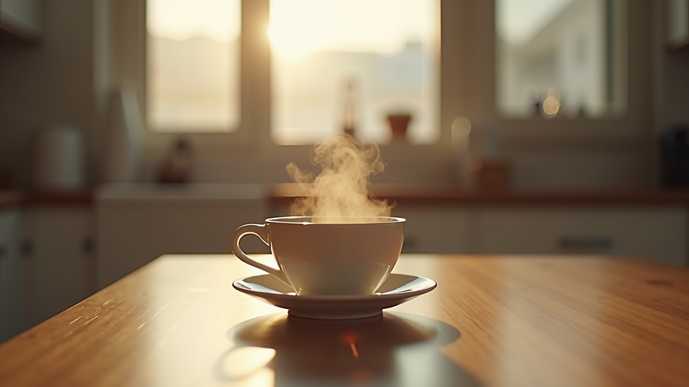 Eye-level view of a peaceful kitchen setting with a steaming cup of tea on the table