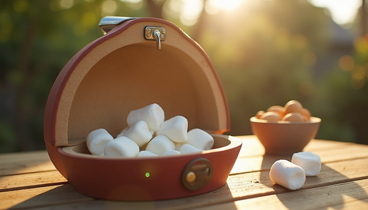 Close-up view of a mini solar oven cooking marshmallows on a sunny patio