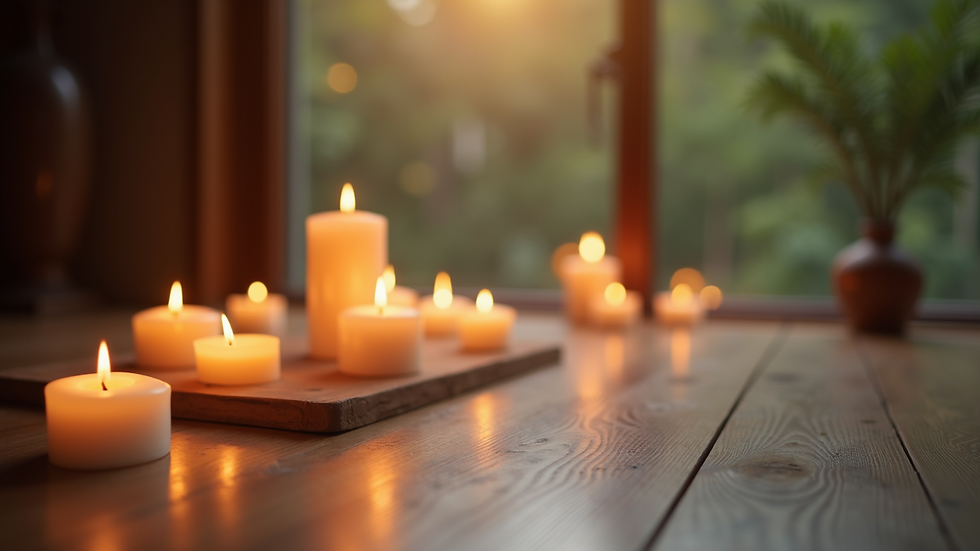 Close-up view of a peaceful meditation space with candles