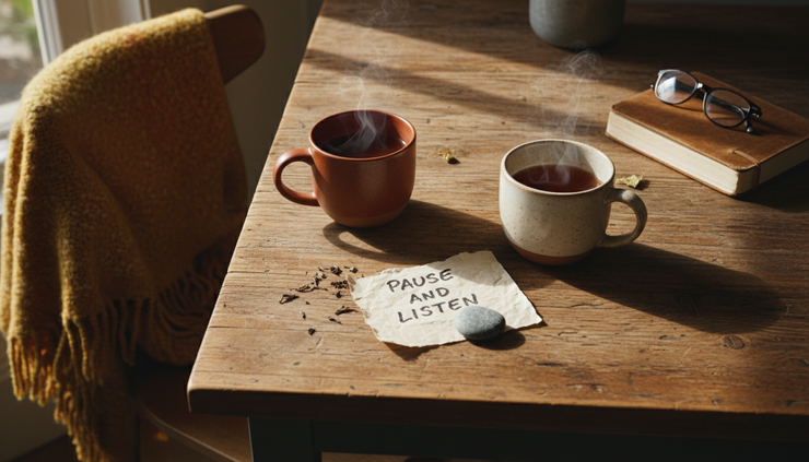 Overhead view of two mugs and a small note with the words pause and listen on a wooden table.