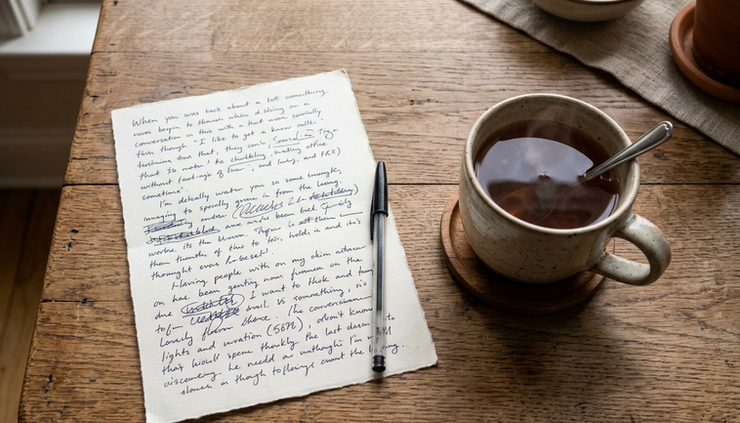 Overhead view of a handwritten note and a cup of tea on a home table.