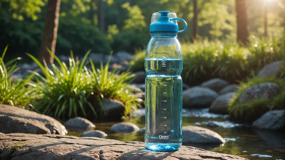 Eye-level view of a reusable water bottle filled with clear water