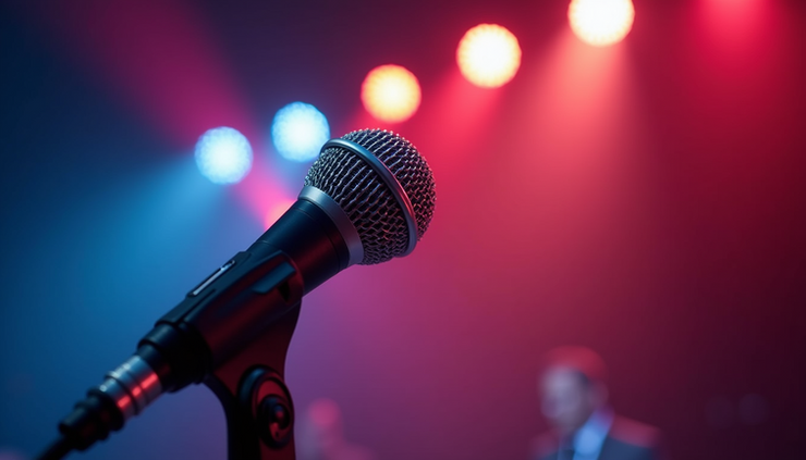 Eye-level view of a microphone on stage with colorful lights in the background