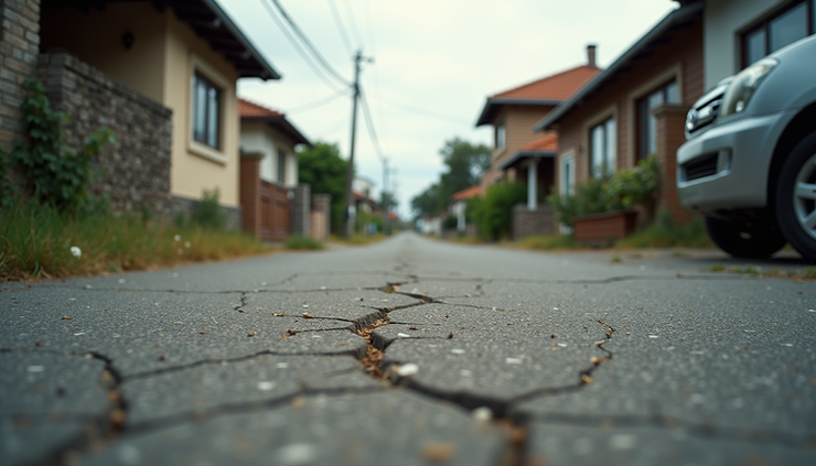 Eye-level view of a worn-down neighborhood street with modest houses