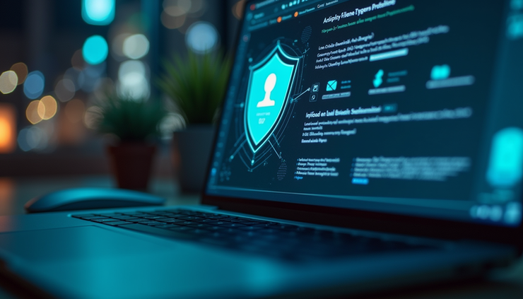 High angle view of a laptop screen showing security software running a scan