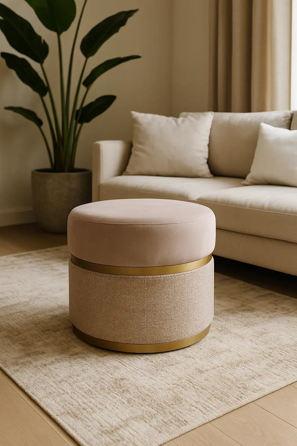 Bramante Satin Boucle and Suede Round Ottoman / Pouf