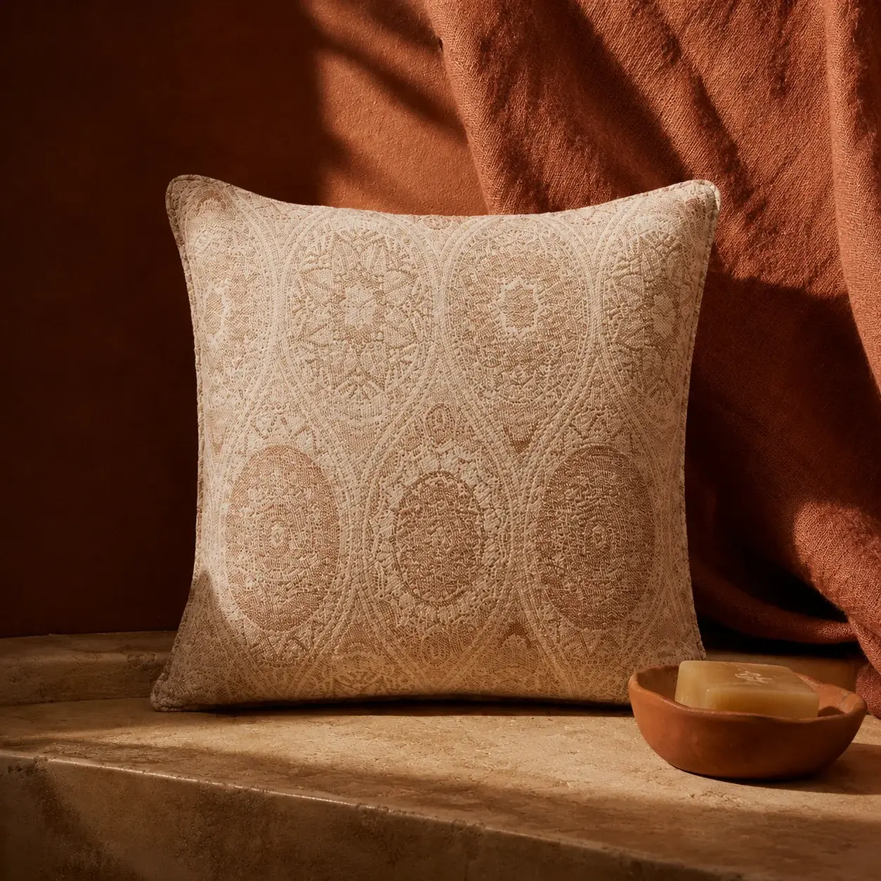 Medaglione Cinnamon and Beige Color Ethnic Patterned Decorative Cushion