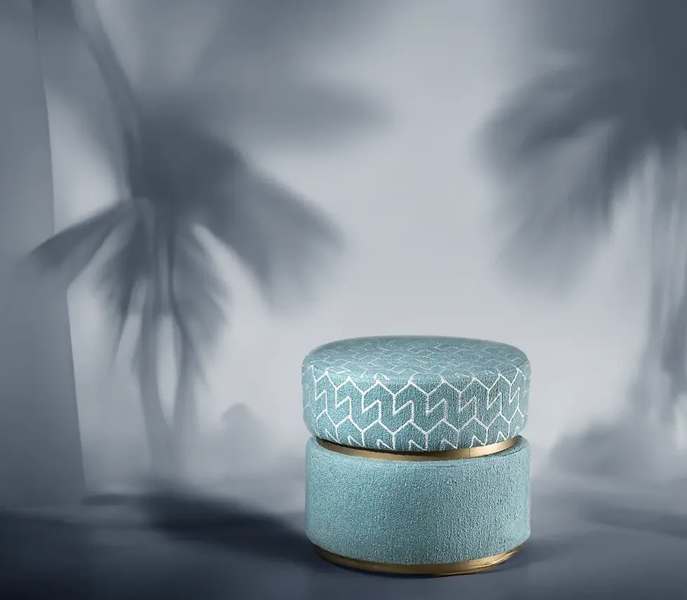 Thumbnail: Azzurro Geometric Patterned Boucle Linen Blend Round Ottoman / Pouf