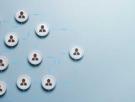 Corporate organizational chart diagram with interconnected roles, illustrating the complexity and communication breakdown often seen during poorly executed corporate restructures.