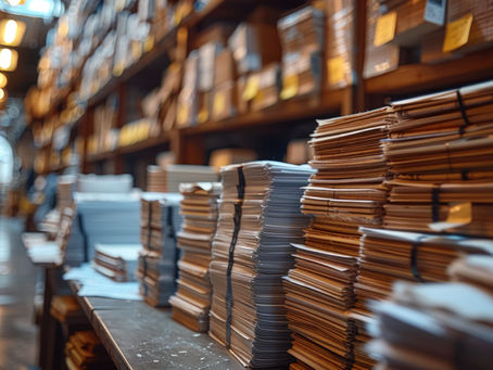 Stacks of neatly bundled paper files piled high on a warehouse table, with long shelves of archived documents stretching into the background, symbolizing data hoarding and the overwhelming accumulation of unused information.