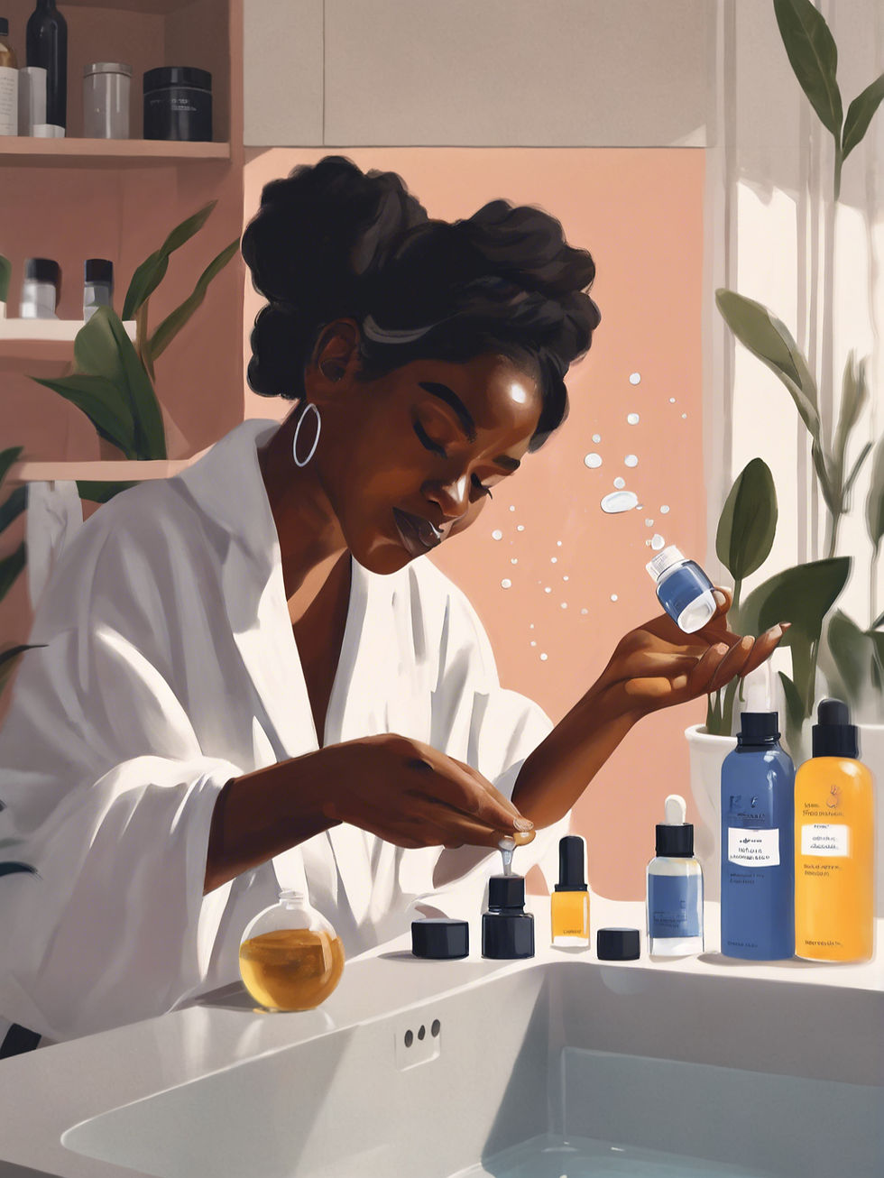 A black woman adding a few drops of facial oil to her nighttime moisturizer bottle to give her skin extra hydration overnight
