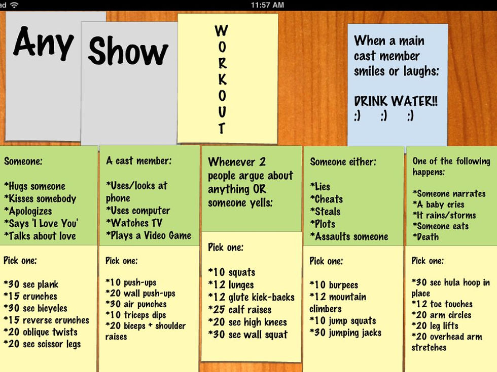 Any Show Workout - Originally from Pinterest
