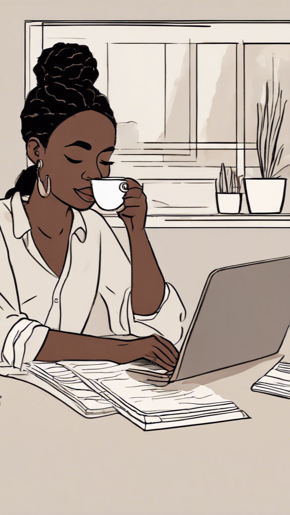 A black woman, enjoying a cup of coffee, while planning her day.