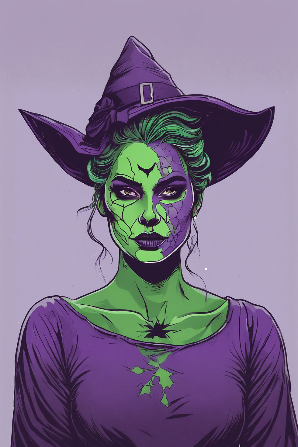A woman, in purple and green face paint, contoured face, in a witch Halloween costume