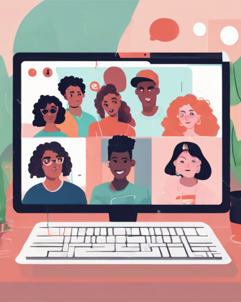 Illustrated video call on a computer screen with diverse smiling faces. Warm, pastel colors; keyboard and monitor visible in the setting.