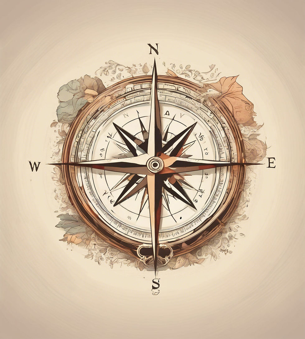 Intricate compass illustration with floral fantasy patterns, showing directions N, S, E, W. Earthy tones create a vintage, adventurous mood.