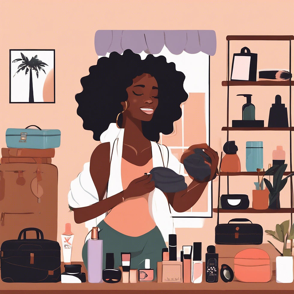 A black woman getting ready to travel, packing her makeup