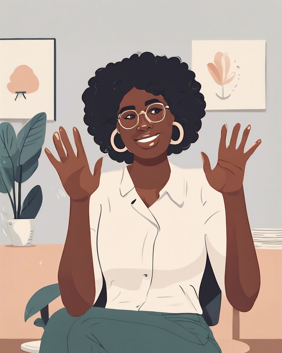 A black woman waving hello, to a friend who she hasn't seen in a while on a video chat