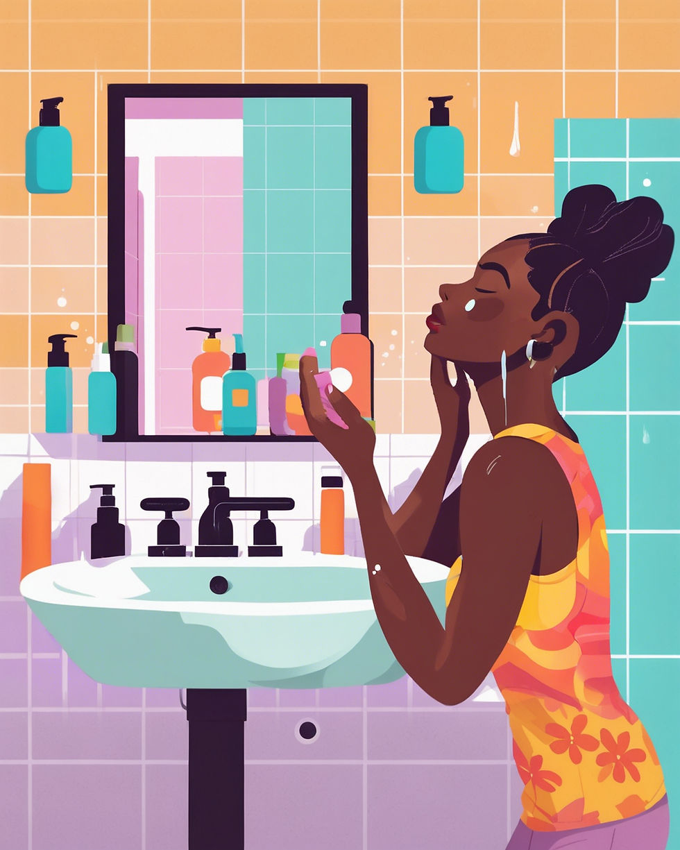 Woman applying skincare products at a bathroom sink, vibrant bottles on counter, colorful tiled walls, calm expression, wearing a flower-patterned top.