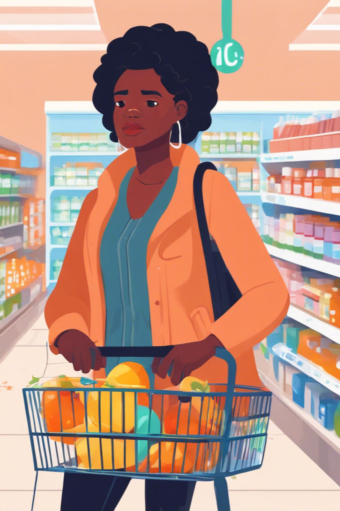 A black woman who is just coming down with a cold, looking in the drugstore for some vitamin c, with a shopping basket on her arm
