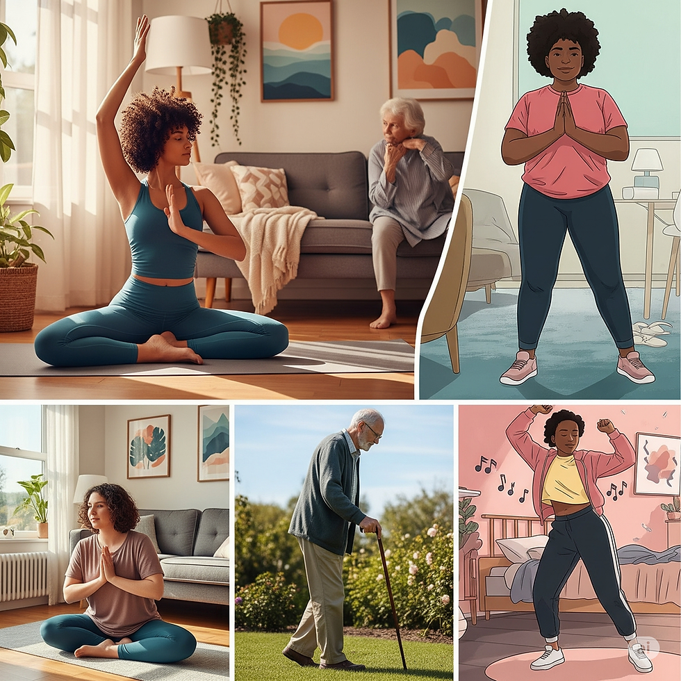 People doing yoga and dancing at home and outdoors. Mixed media with bright, natural settings, showing calm and lively moods.