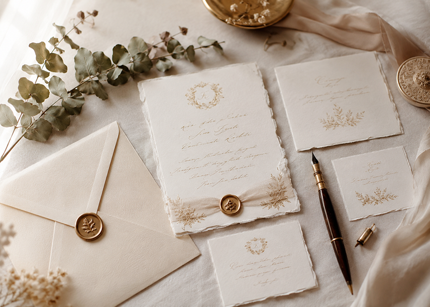 Elegant cream wedding stationery with wax seals, fountain pen, and dried eucalyptus on beige linen background.