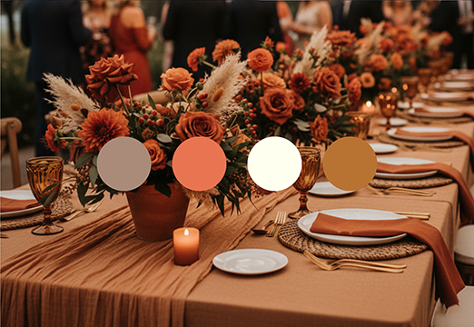 Elegant table setting with orange flowers and candles. Brown tablecloths, amber glasses, and gold utensils. Warm ambiance. It illustrates warm taupe and burnt sienna wedding color palette.