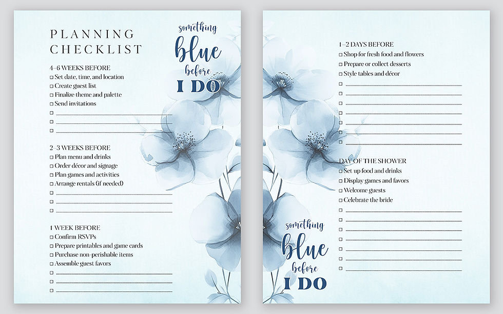 Bridal shower planning checklist on blue floral background. Lists activities for 4-6 weeks to the day before. Text: Something blue before I do.