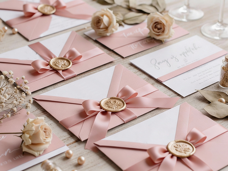 Pink baby shower invitations with bows and wax seals on a wooden surface, surrounded by roses and pearls. The image represents the elegance of the bow baby shower theme.