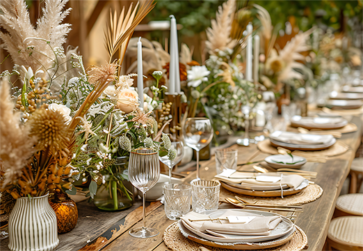 Boho wedding table setting with plates, glasses, and candles amid lush floral arrangements. Neutral tones and greenery create a serene outdoor vibe.