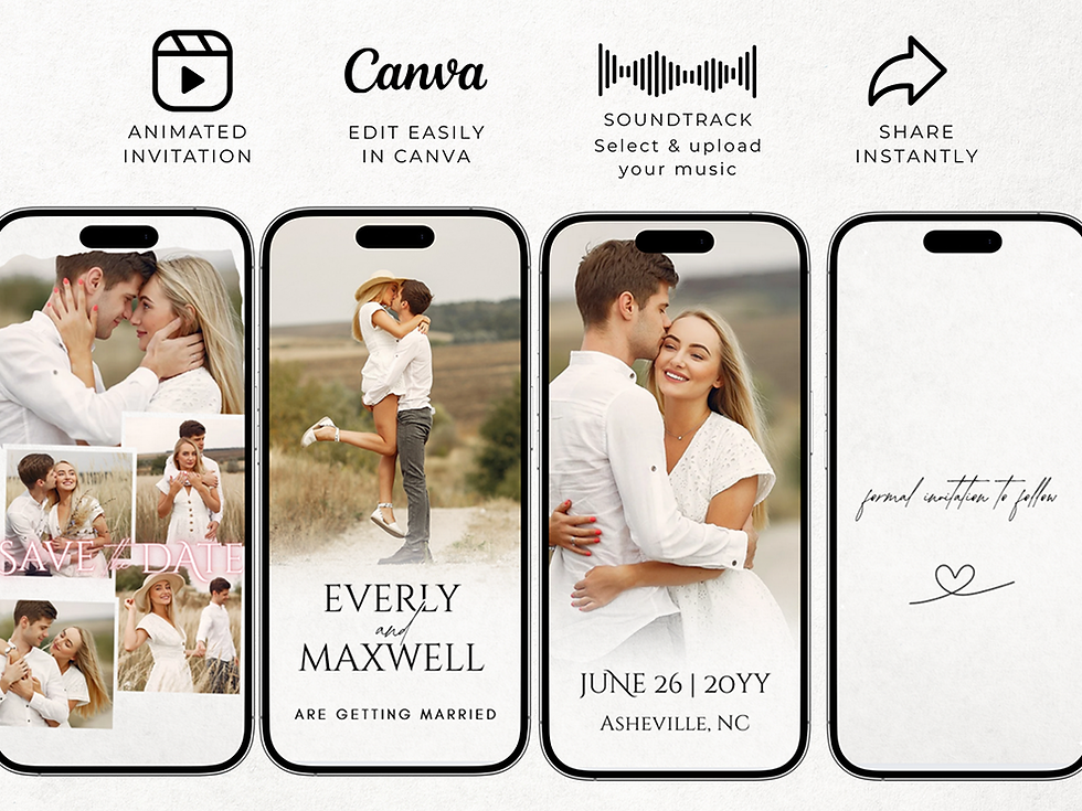 Marketing image of wedding announcement animated template. Smartphones display romantic couple photos, wedding details, and the date.