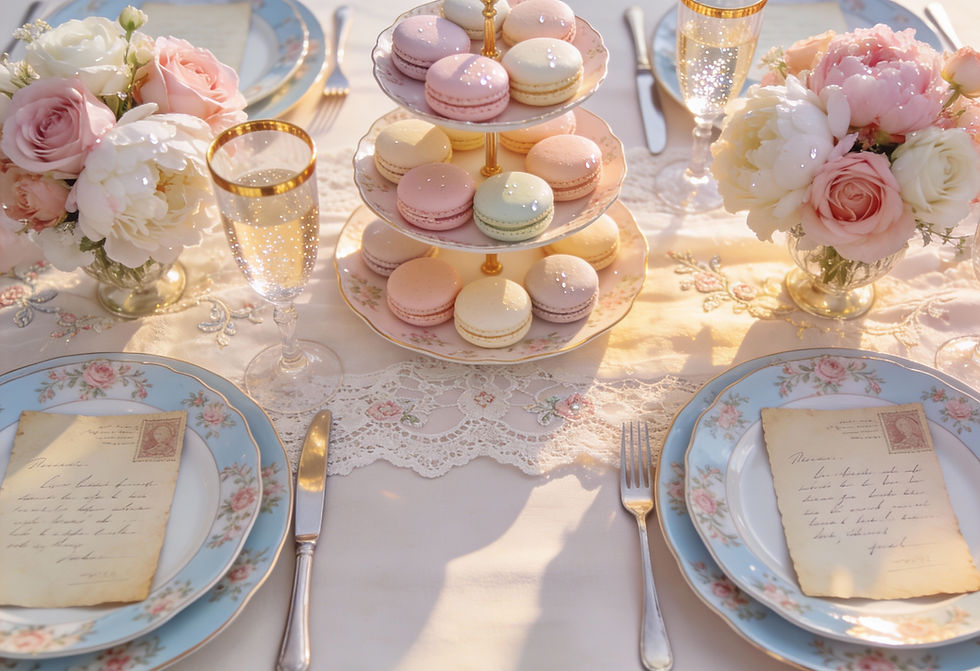 Elegant bridal shower tea setting with pastel macarons on a tiered stand, floral china, lace tablecloth, and roses. Champagne glasses sparkle in sunlight.