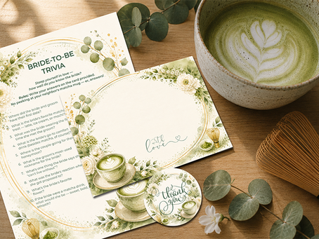Free Matcha Bridal Shower Printables: Thank You Card, Sticker & Trivia Game