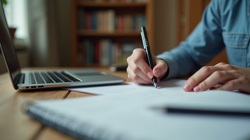 Close-up view of a person taking notes while studying online