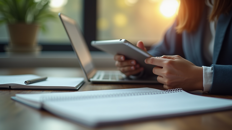 Close-up view of a person studying with a tablet and notes